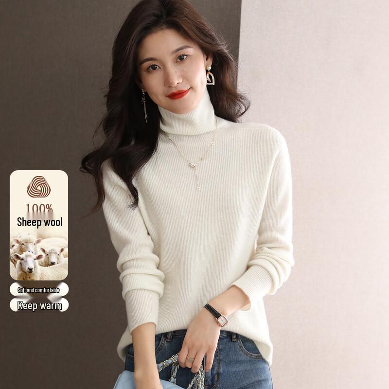 SNOWFLYING Women's 100% Merino Wool Ribbed Turtleneck Sweater