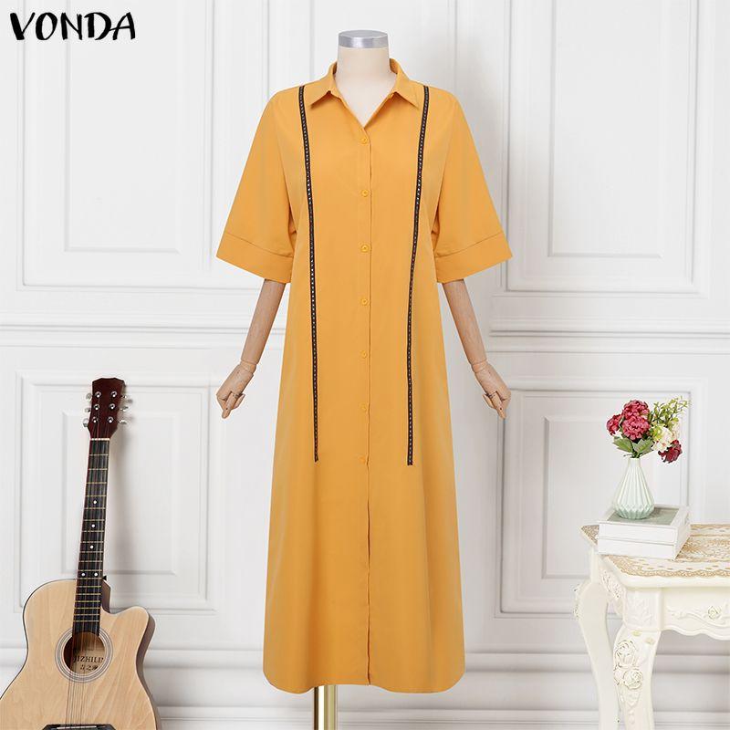 VONDA Women Lapel Neck Long Sleeve Embroidery Hem Casual Long Elegant Shirts Dress