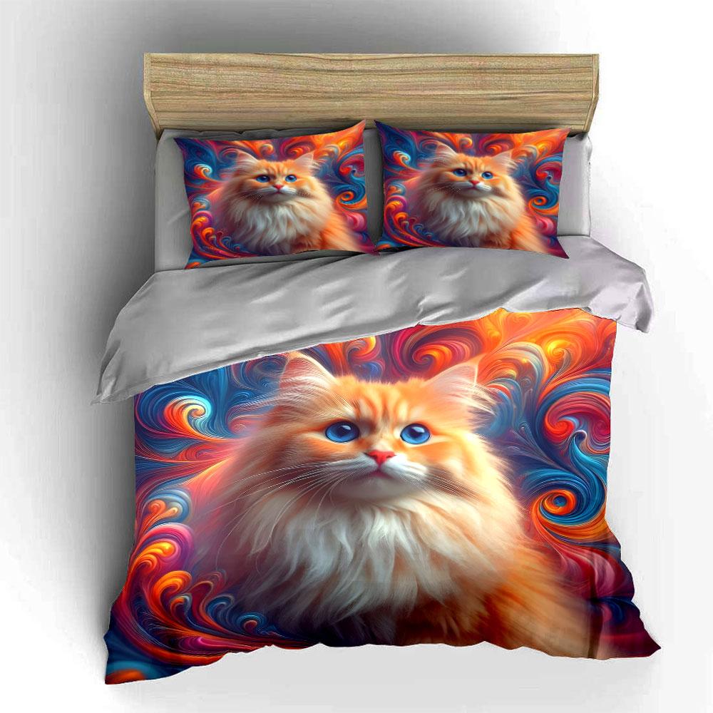 Fluffy Cat With Vibrant Swirls Duvet Cover Set With 3D Printing Design Soft Polyester Bedding Set All-Season Comfort