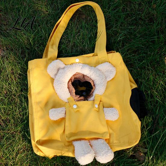 Canvas Cat Carrier Bag Purse, Front & Side Head Hole, Plush Bear Puppy Outdoor Pet Carrying Purse Tote, Portable Shoulder with Safety Buckle for Cats