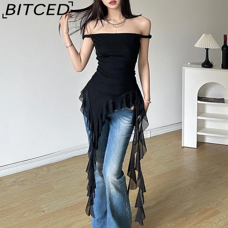 BITCED Spring Women's Solid-Colour Slim-Fit Streetwear Off-the-Shoulder Sleeveless Backless Top