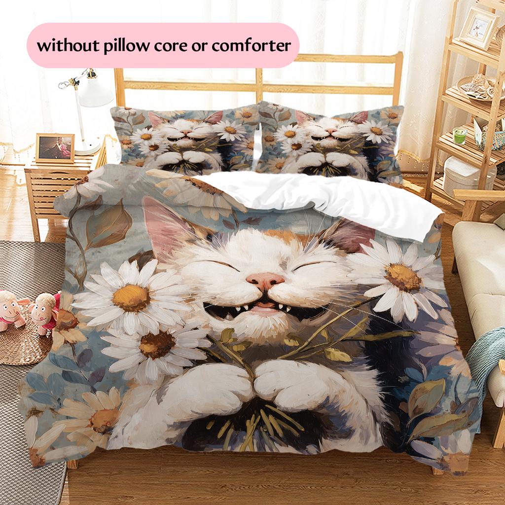 Cat Holding Flowers Pattern Bedding Quilt Set Home Decoration Gift (1 * Duvet Cover + 2 * Pillowcase, Without Core)