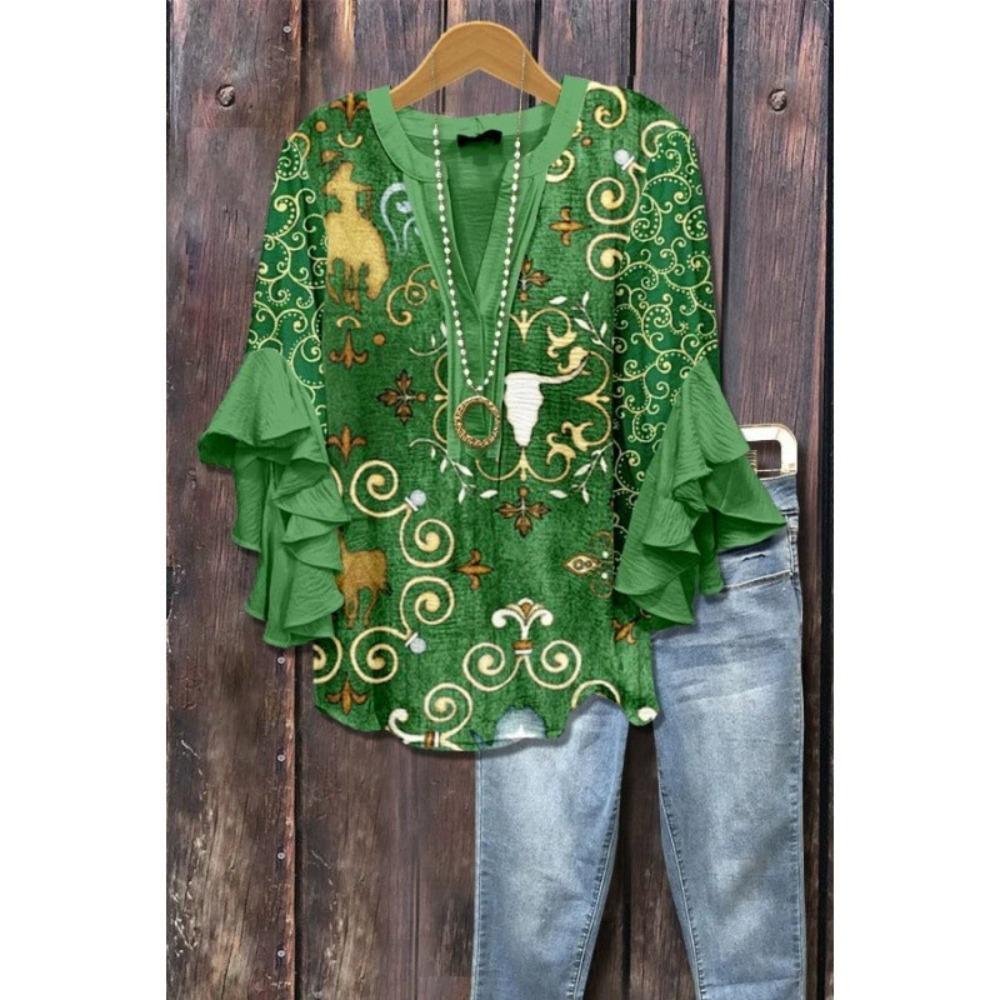 Large Women's Bohemian V-neck Shirt with Ruffle Sleeves, Grey Brown Floral Print Top, Casual Breathable Machine Washable Pullover