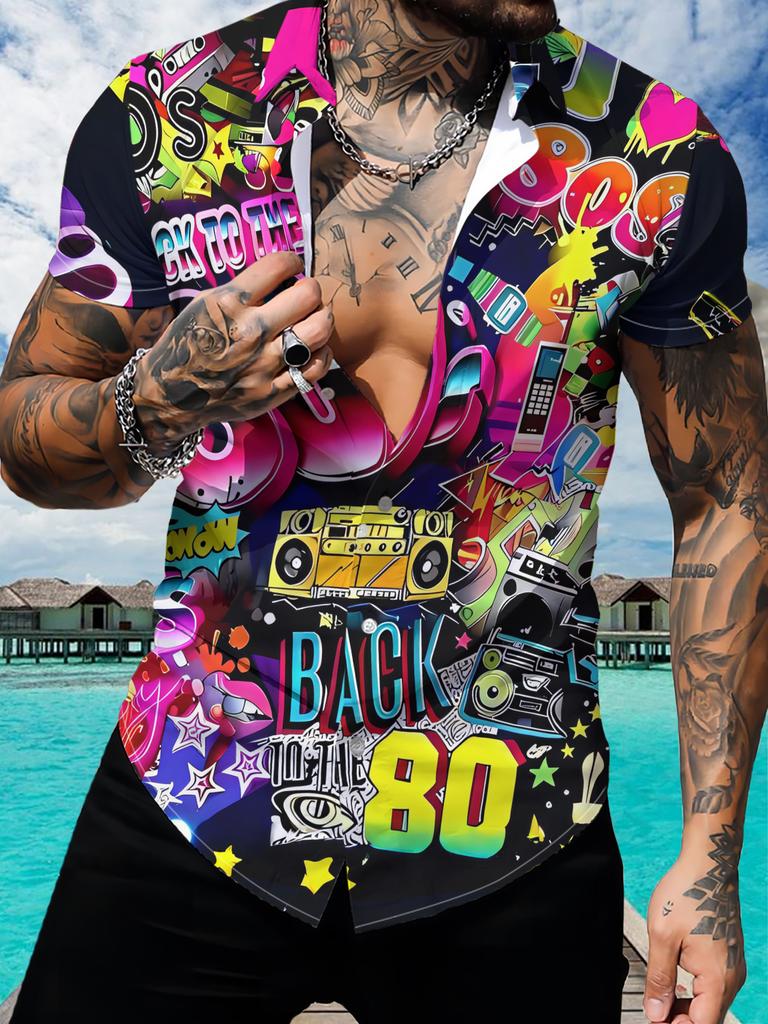 Men's Hawaiian Shirt with 80s Vintage Graffiti Style Poster Print, Colorful Patterns and Text, Casual Button-Up Short Sleeve Top