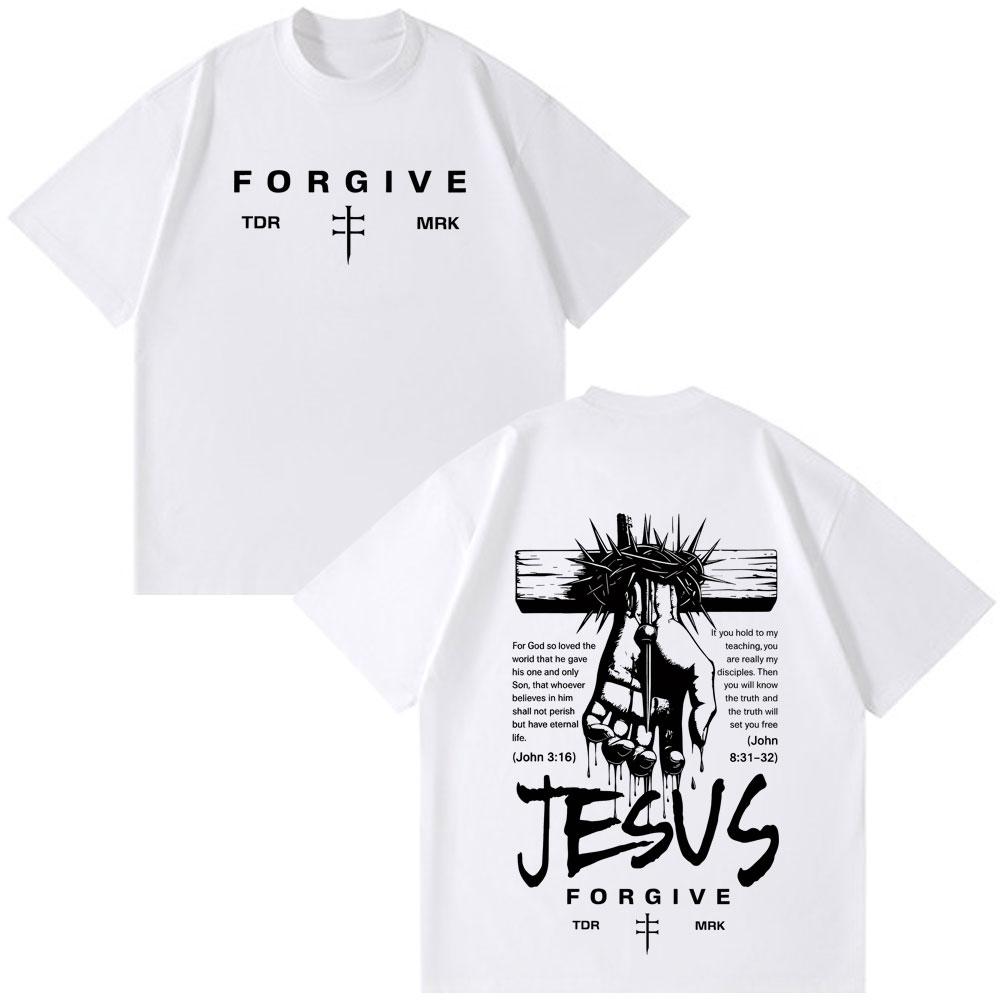 Jesus Forgive Vintage Fashion Graphic Tshirt Unisex Unisex Casual Loose Tshirts Shortsleeved Oversized Hiphop Cotton Tshirts