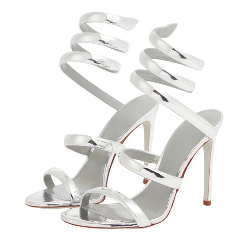 Fashion 2024 New Ankle Snake Twine Around Sandals Sexy Silver Gold Summer Fine High Heel Open Toe Temperament Women's Shoes Size 43