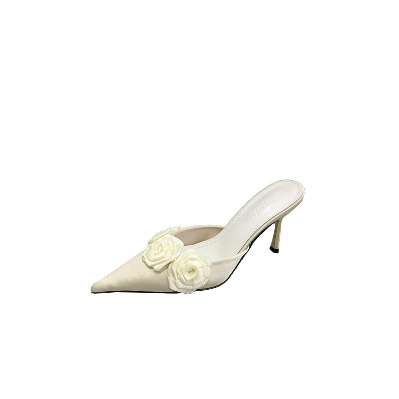 Women's Shoes Spring Pointed Toe Thin Heel High Heel Elegant French StyleSatin Flower Closed Toe Mules