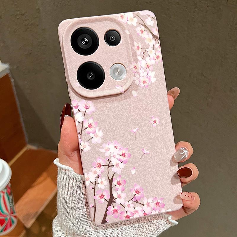 Rosa Pfirsichblüten Blumenmuster Hülle Für Xiaomi 14T 13T 11T Pro Funda Redmi Note 14 13 12 11 Pro 5G 4G Lederstruktur Silikonabdeckung