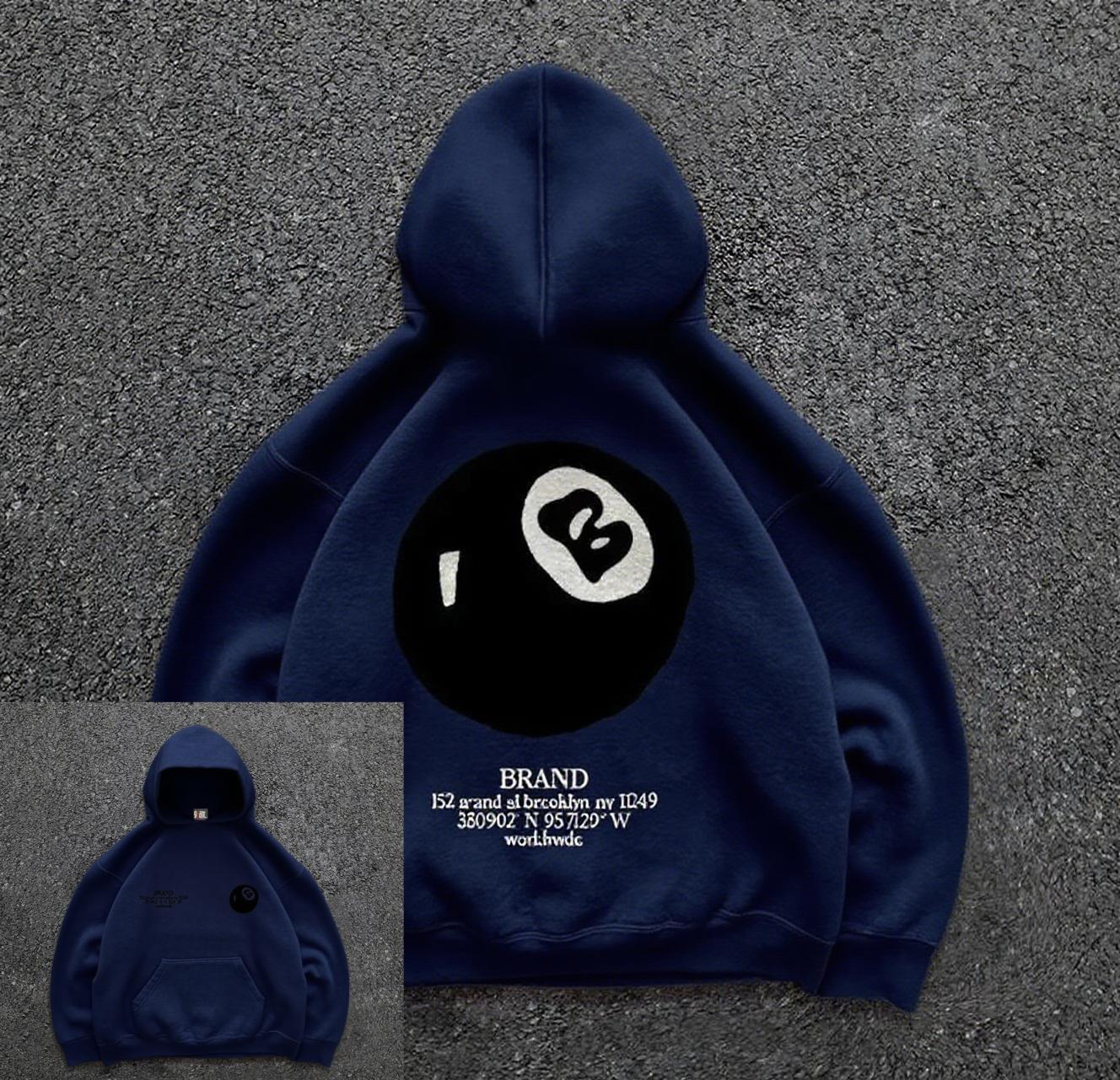 

Men s oversized street hoodie, 8-ball print, soft casual pullover, retro fashionable hip-hop casual top, washable fade resistant 3XL