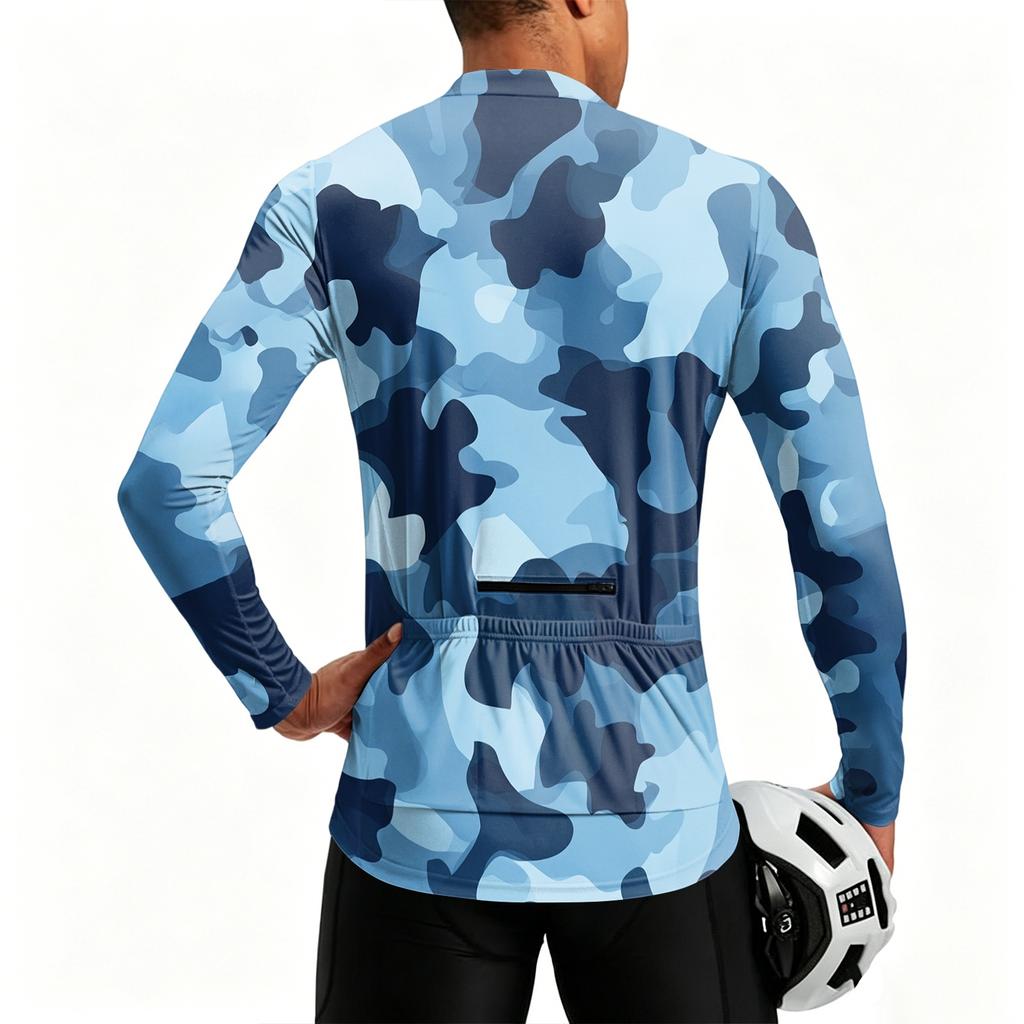 Men’s Crew Neck Printed Zip Breathable Quick Dry Long Sleeve Cycling Jersey with Digital Camouflage Pattern for Outdoor Sports Activities