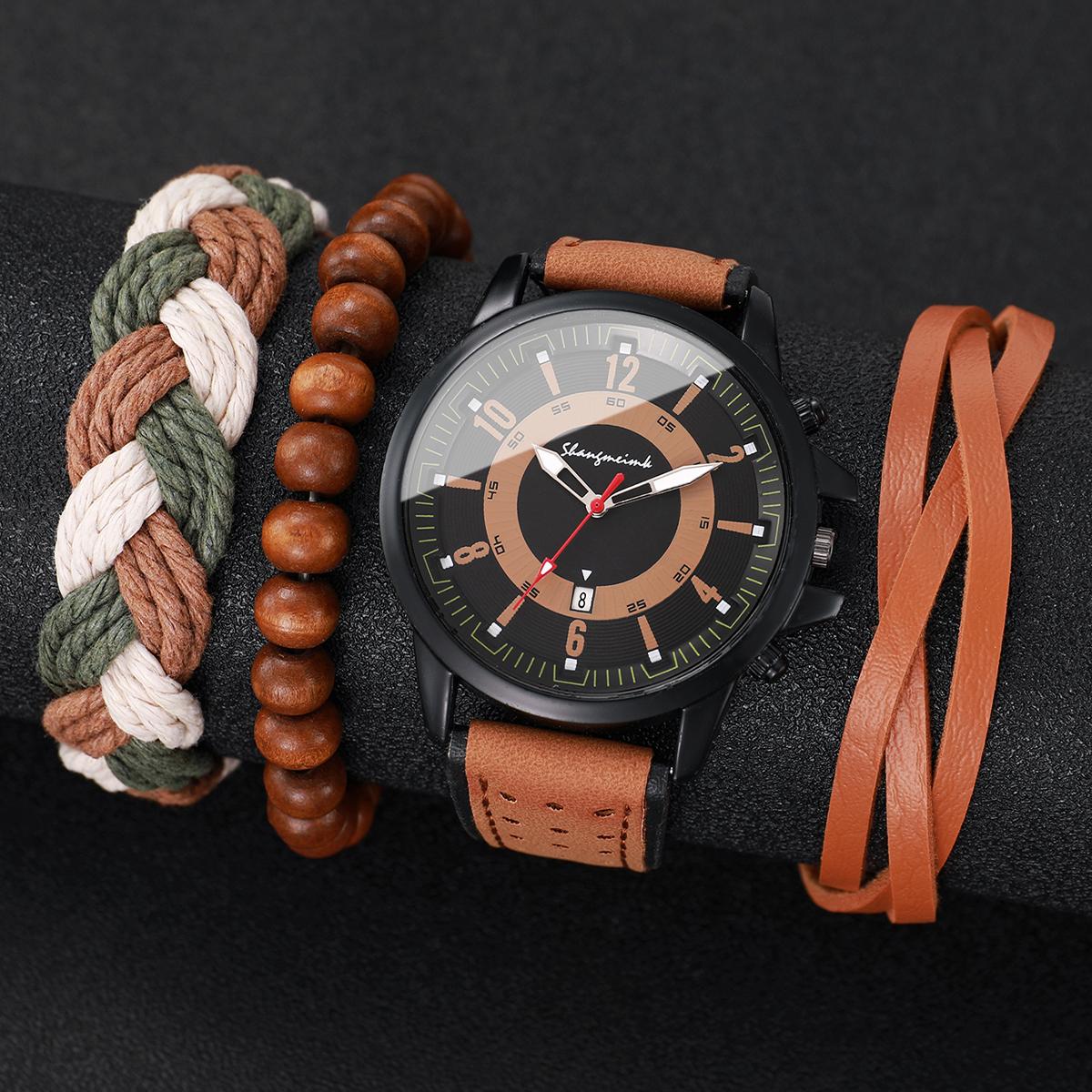 

4 шт./компл. Мужской кожаный ремешок для часов с календарем, кварцевые часы, спортивные, мужские кварцевые, модный ремень, студенческие часы с календарем