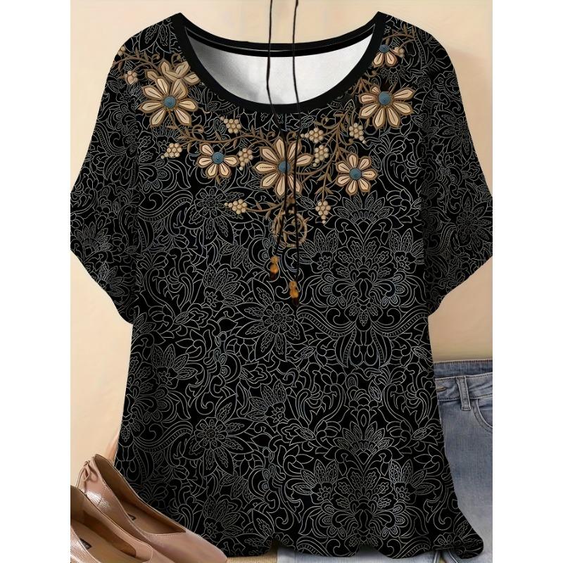 Large Size, Casual Elegant Style, Black Line Drawing Floral Elements S