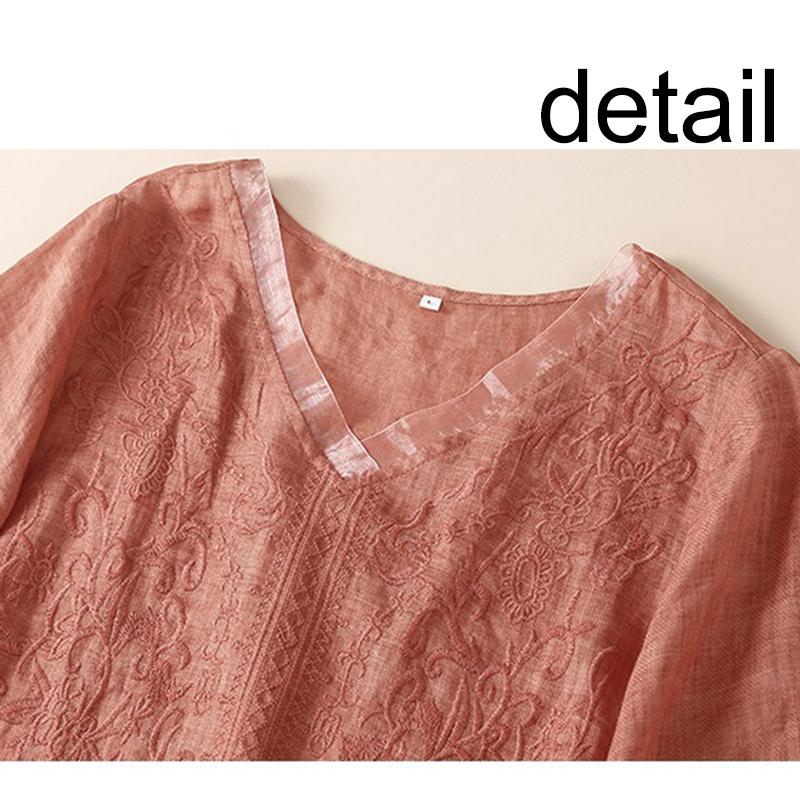 Vintage Embroidery Short Sleeve for Women V-neck Casual Fashion Loose T-shirt Summer Cotton Breathable Lightweight Comfortable Short Sleeve T-shirt