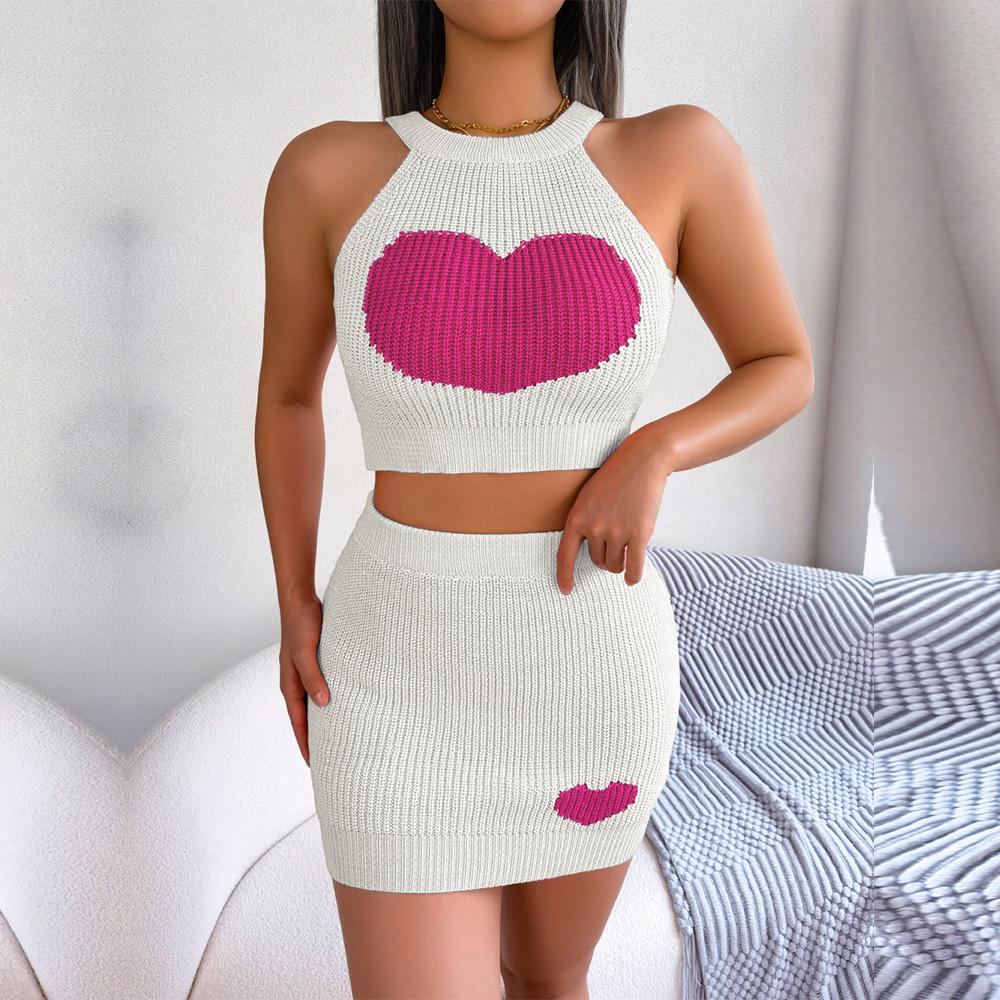 Women Spring Summer  Halter Neck  Sleeveless Heart Knitted Warp Hip Skirt Suits