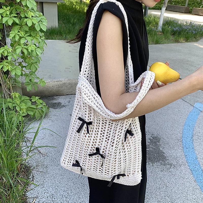Yogodlns Bow Design Knitting Shopper Shopping Bag Female Shoulder Bags For Women Korean Fashion Soft Handbags Trend Travel Tote Bag