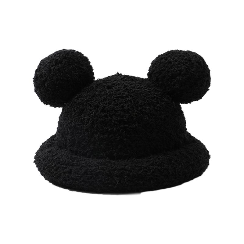 Adult Cartoon Bear Ear Shape Polyester Bucket Hat Fluffy Winter Warmer Plush Fisherman Cap Winter Gifts for Girlfriend