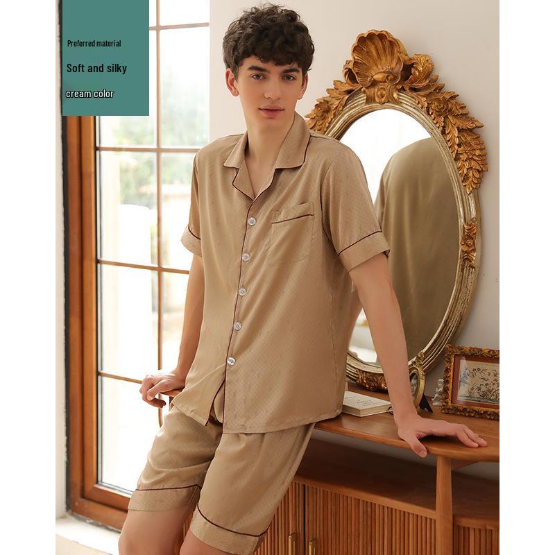 Dream Silk Brocade Summer Ice Silk Pajama Set: Unisex Short Sleeve Two-Piece with Loose Grid Pattern