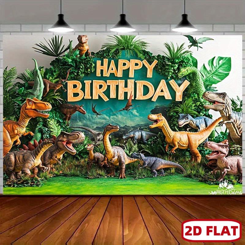 "Happy Birthday"—Realistic dinosaur characters, lush green plants and bright colors, suitable for indoor and outdoor party