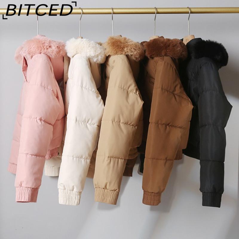 BITCED Women's Short-Length Puffer Coat Winter Fleece-Lined Thickened Cotton Jacket with Large Fur Collar Bread-Style Outerwear