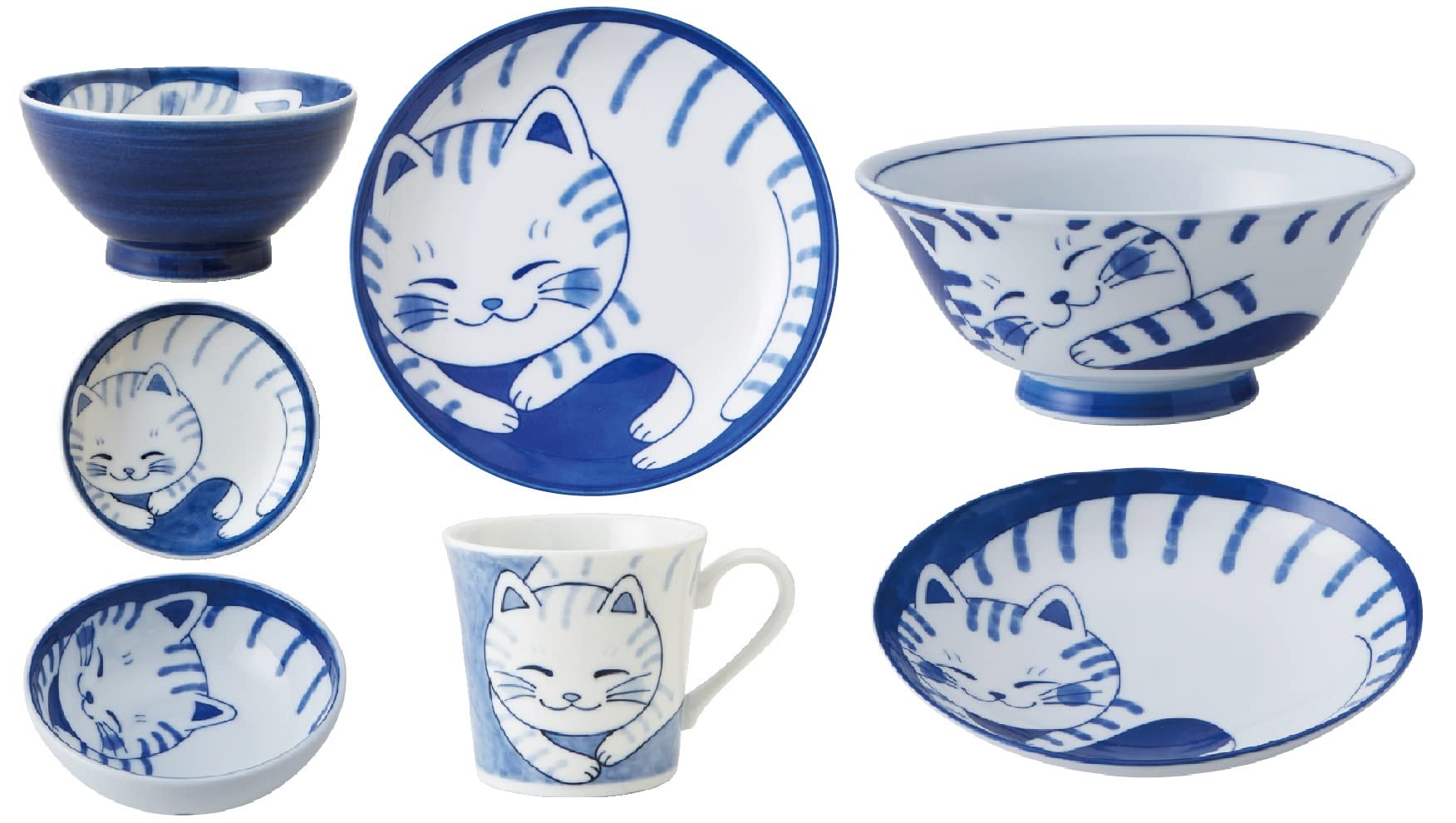 pottery Nekochigura tableware lightweight tableware made in Mino ware Cat s (Tiger) 7-piece set, (usukaru), Japan, белый
