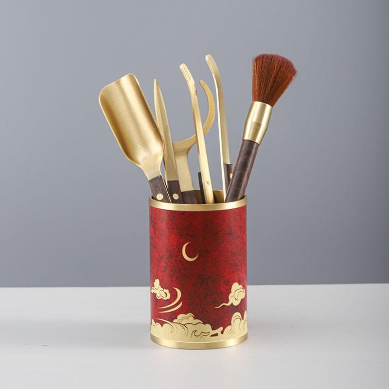 Premium Brass Tea Ceremony Set 6-Piece Grooming Tools Kung Fu Service With Lacquered Finish