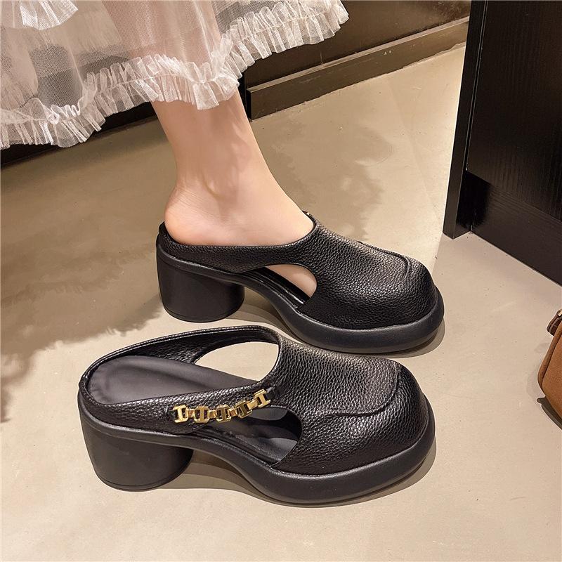 Stepping on shit feeling thick-soled soft leather bag head half slippers women's summer wear round head one pedal muller shoes high-heeled cool slipp