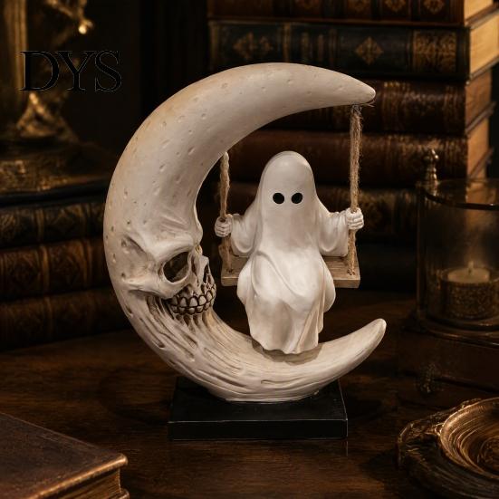 Gepersonaliseerd Verjaardagscadeau Halloween Geest Schommel Beeldje, Spookachtig op Een Maan Beeld, Donkere Esthetiek Cadeau Hars Gotische Woondecoratie voor
