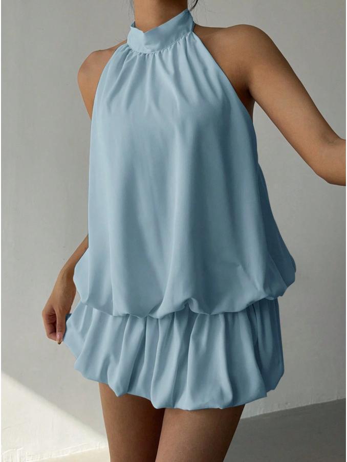 2025 European & American Solid Color Off-Shoulder Halter Neck A-Line Summer Dress