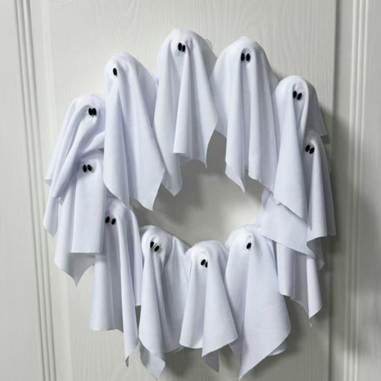 Halloween Ghost Wreath 12 Small White Cloth Ghost Garland for Front Door Wall Indoor Outdoor Hanging Decoration