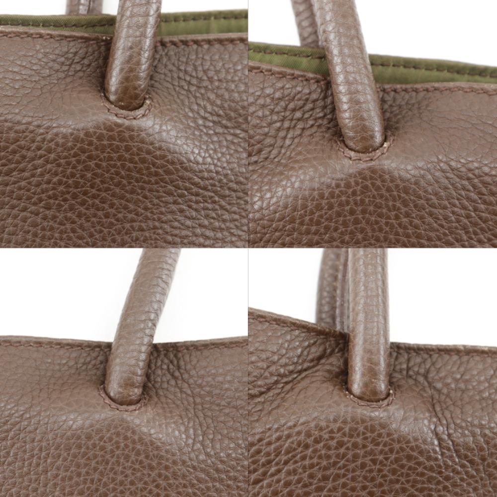Prada Logo Embossing Handbag Tote Bag Brown Calfskin/Nylon Unisex Used
