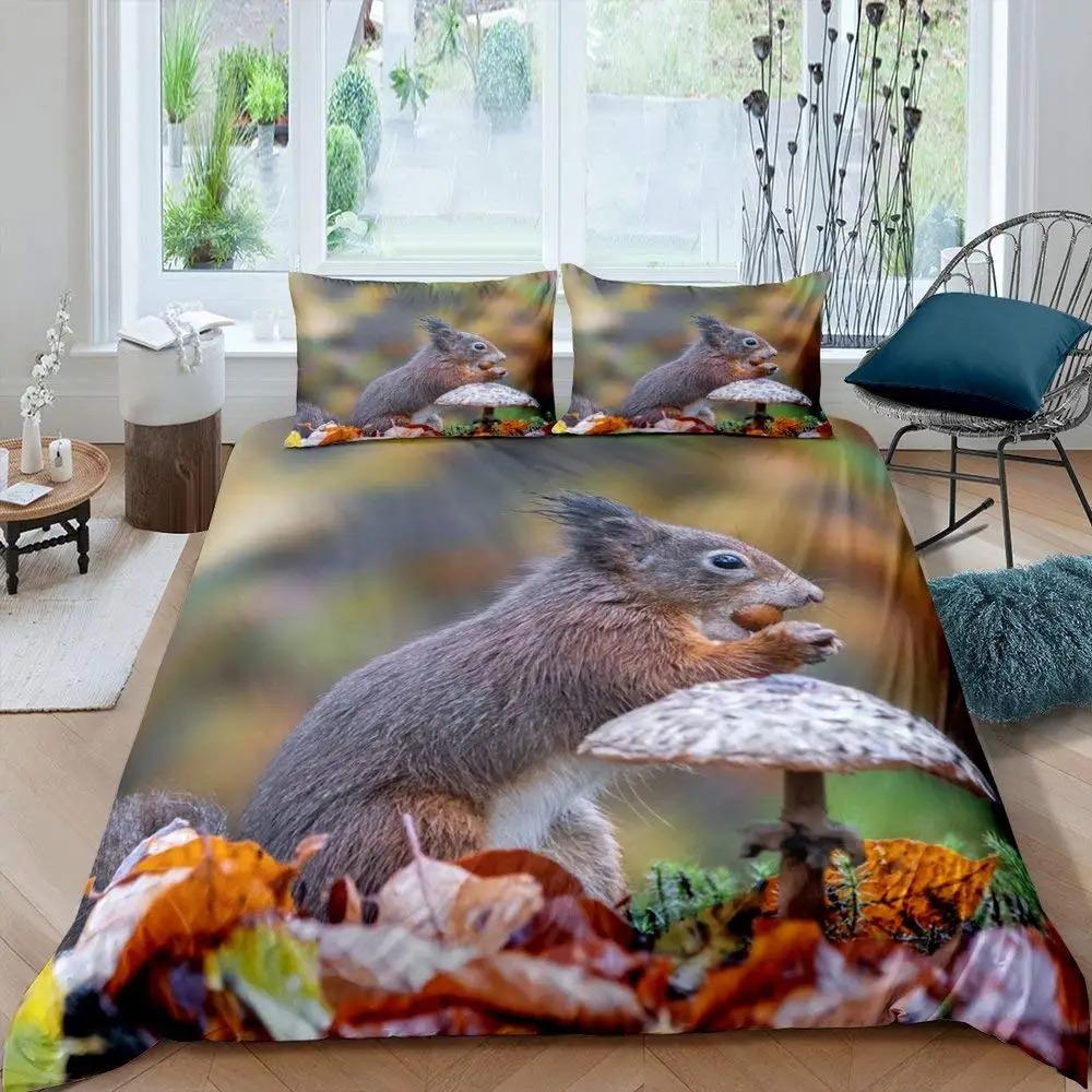 Cute Squirrel Duvet Cover Set Squirrel Bedding Sets 3D Animal Theme Comforter Cover For Boys Girls,Nature Theme Quilt Cover Set