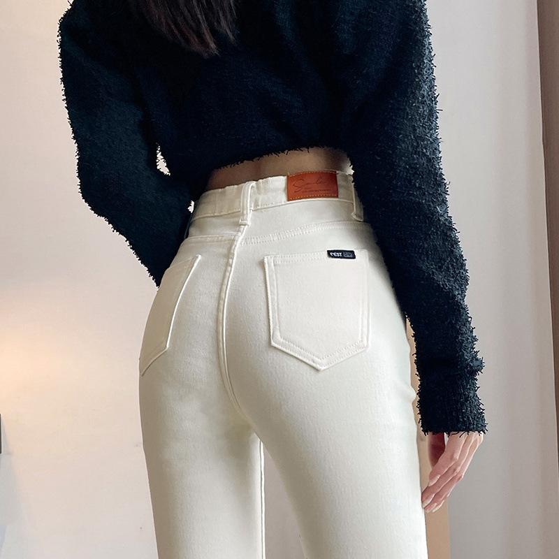 White Micro-flare Jeans for Women In Spring and Autumn Latest High-waisted Slim Small Horned Horseshoe Floor Trousers