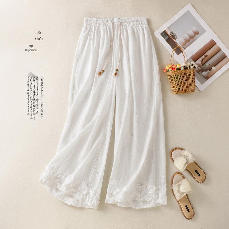 White Hollow Lace Embroidery Wide-Leg Pants with Drawstring - Women's Loose Fit
