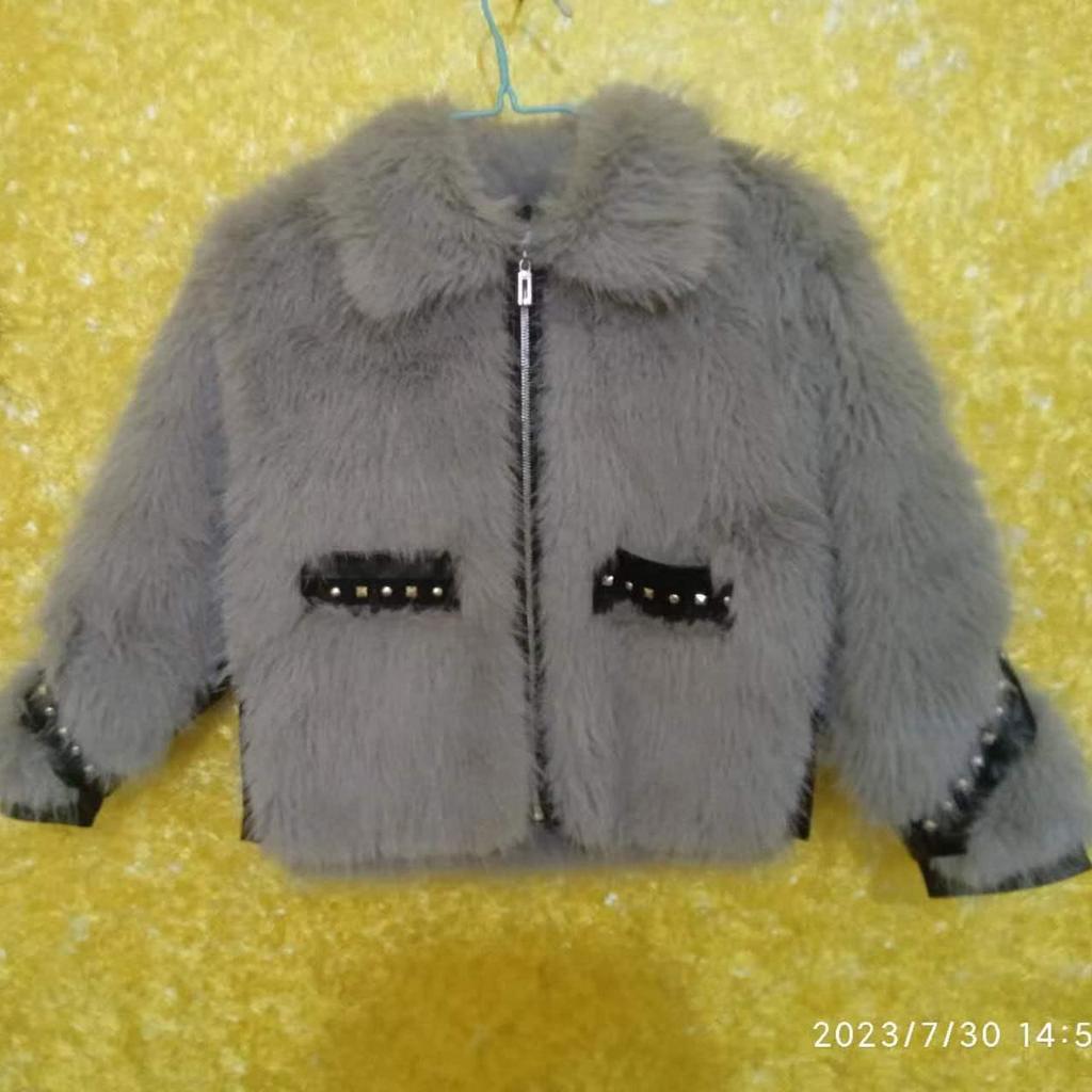 Korean Style Grey Faux Fur Batwing Sleeve Rivet Winter Coat for Women