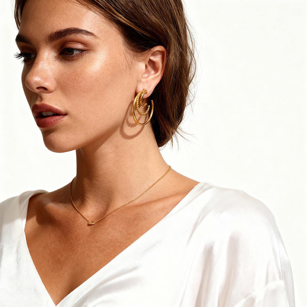 18k Gold Plated Stainless Steel C-Shaped Geometric Earrings with Three Layers - Simple, Niche Design
