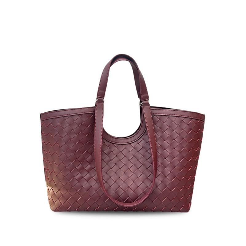 Vintage Leather Woven Tote Bag Women Large Capacity Shoulder With Magnetic Soft Genuine Cowhide