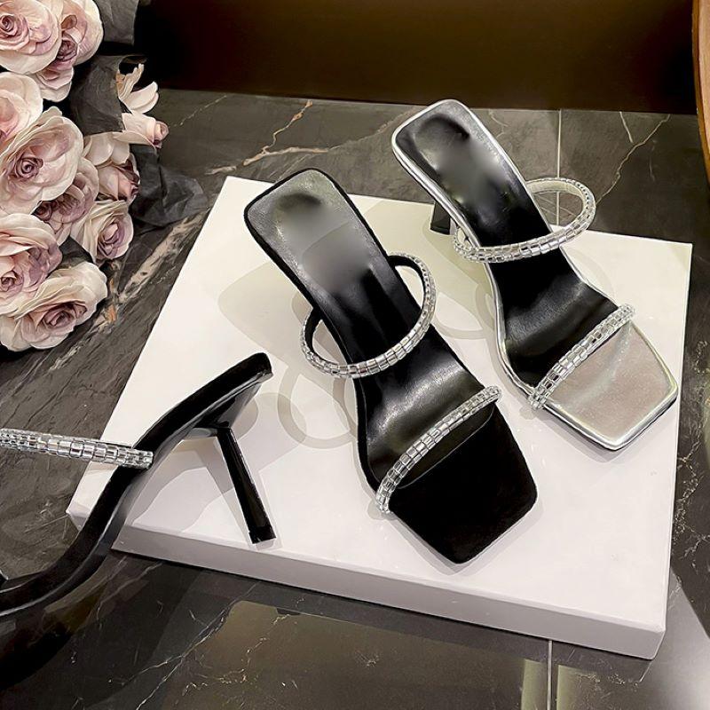 Fashion Eilyken New Summer Hollow Out Crystal Diamond Women Slippers Fashion Square Toe Thin Heels Stripper Sandals Shoes