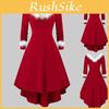 Women Ladies Christmas Asymmetrical Faux Fur Panel Red Retro Fancy Dress Gown Stylish Flowy Maxi Dress For Festive Occasions