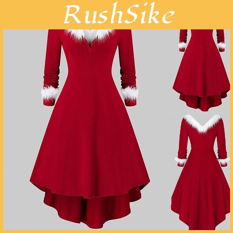 Women Ladies Christmas Asymmetrical Faux Fur Panel Red Retro Fancy Dress Gown Stylish Flowy Maxi Dress For Festive Occasions