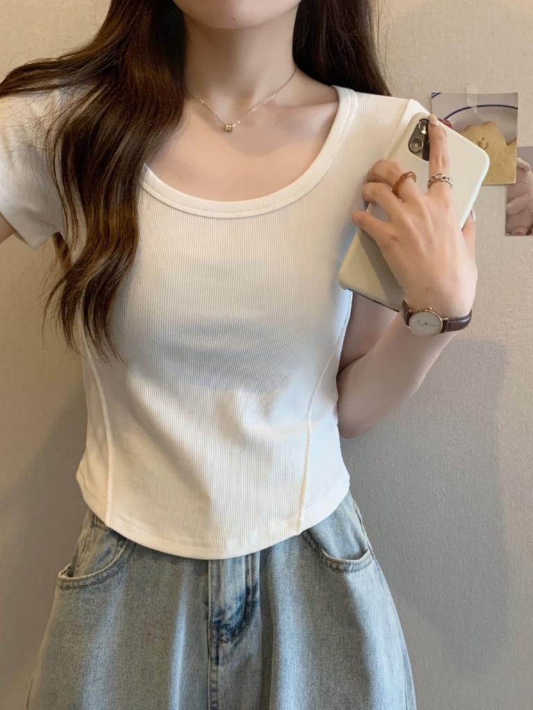 Irregular u-neck short-sleeved t-shirt women's new Korean version slim-fitting high-waisted and thin short student solid-color top trendy