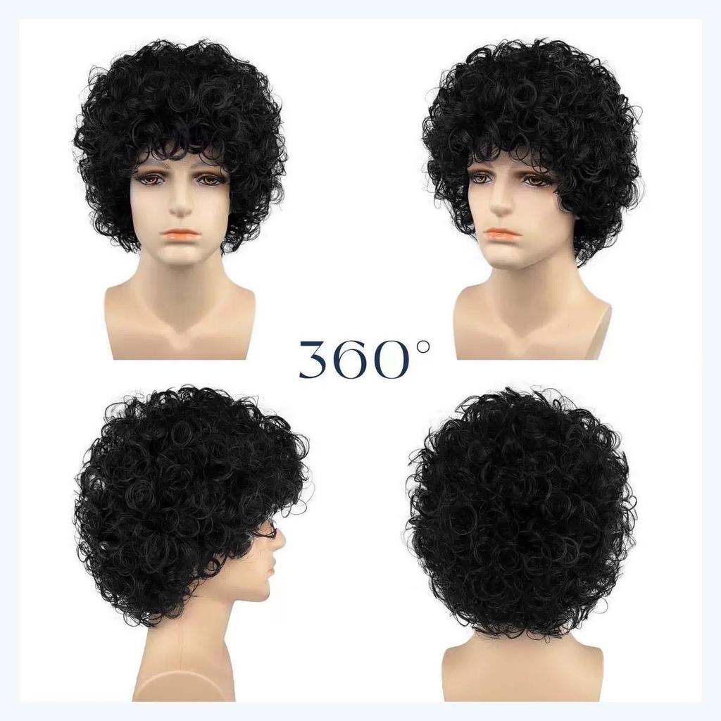 Black Short Curly Hair Perm Wig, Men's Small Roll African Style Wig, Suitable for Daily Wear and Role-playing