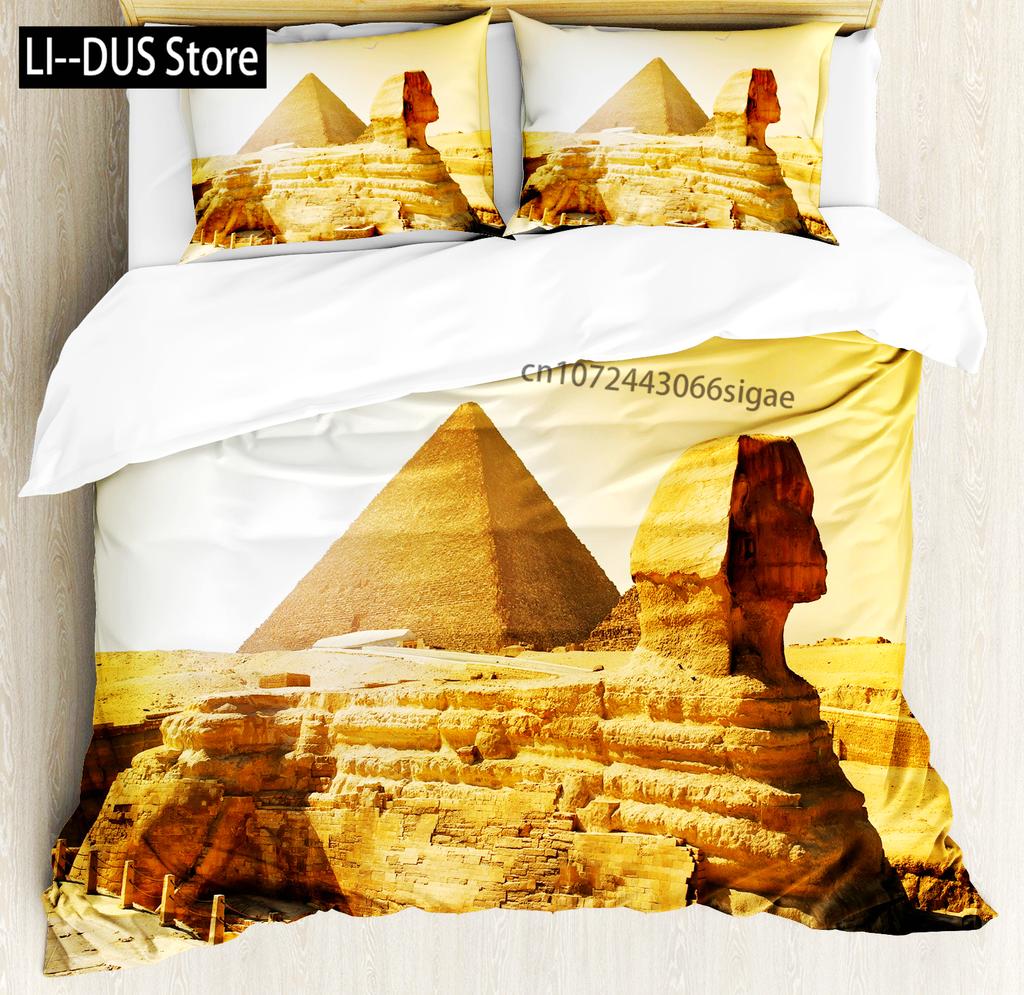Egyptiska Pyramider Påslakan King Size Vuxen Forntida Egypten Stammönster Sängklädesset Afrikansk Vintage Exotisk Kamel Öken Täcke