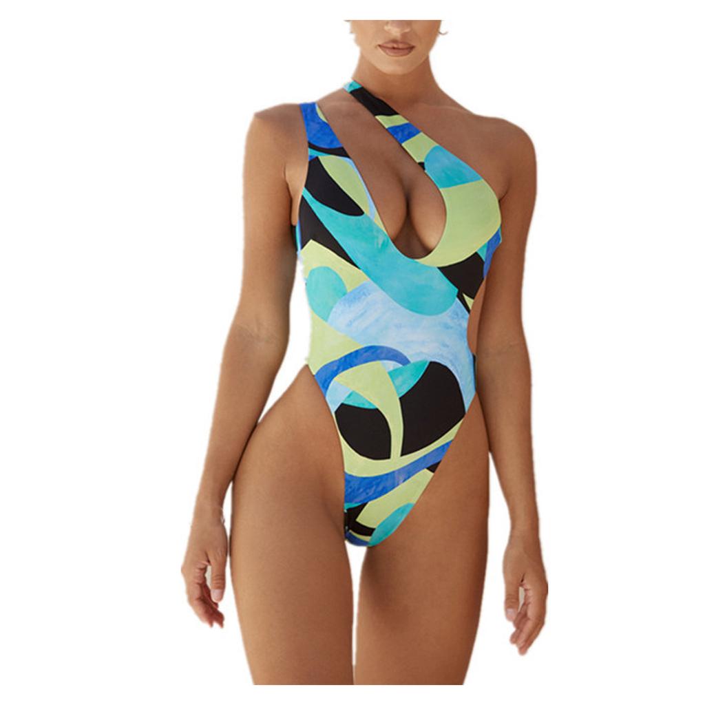 Damen Badeanzug Bikini Print Ärmellos Sexy Badeanzug