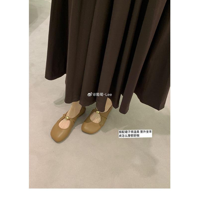 

[] Super soft little golden ball~ pleated sheepskin flat-bottomed ballet Mary Jane single shoes women s grandma shoes 35 коричневый