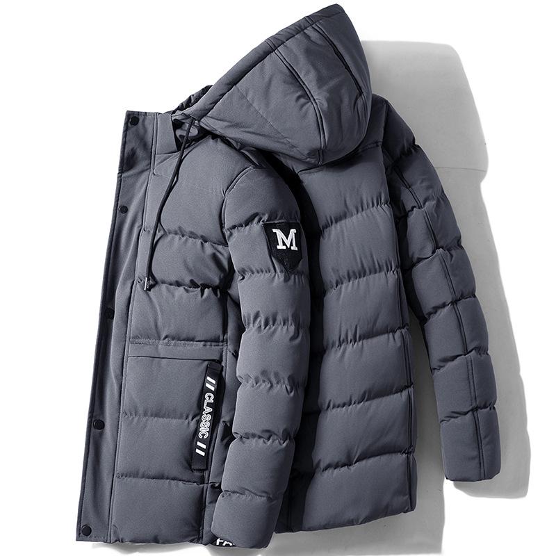 618 Men's Mid-Length Hooded Winter Jacket - Warm, Thick Plush Cotton-Padded with Ribbed M-Shaped Design
