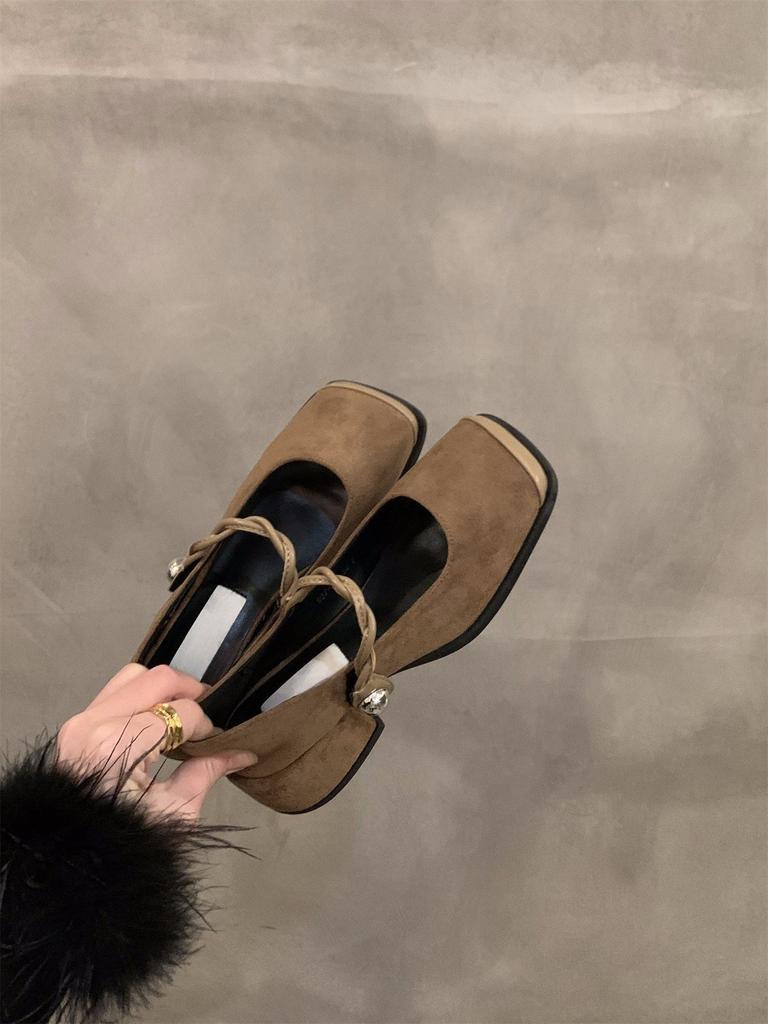 High heels black Mary Jane small leather shoes women's shoes spring autumn and winter retro square head French evening shoes
