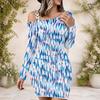 Women Plus Size One Shoulder Long Sleeve Printed Blue Pink White Bodycon Mini Dress