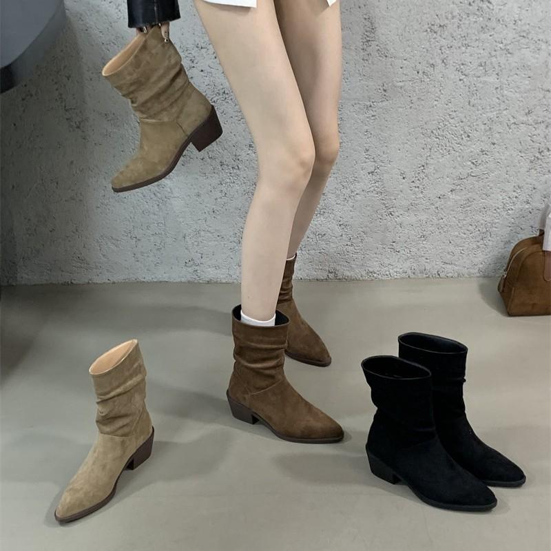 Suede retro small thick heel short boots women's 2025 new autumn and winter pleated versatile pointed pile boots bare boots