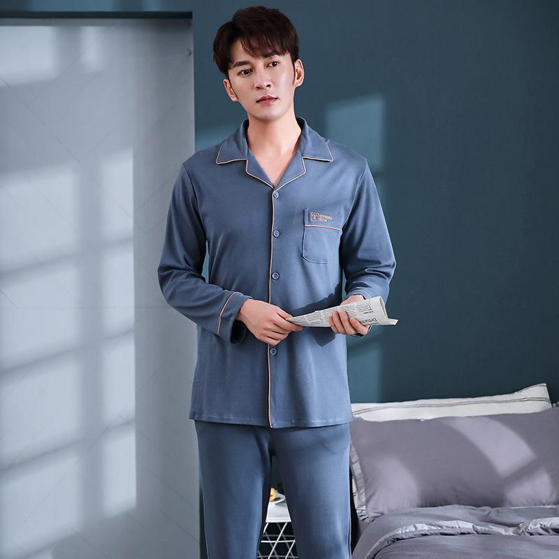 Solid Color Pajamas Men'S Spring And Autumn Pure Cotton Long-Sleeved Loungewear Men'S Autumn Cotton Thin Qingzhong Two-Piece Suit
