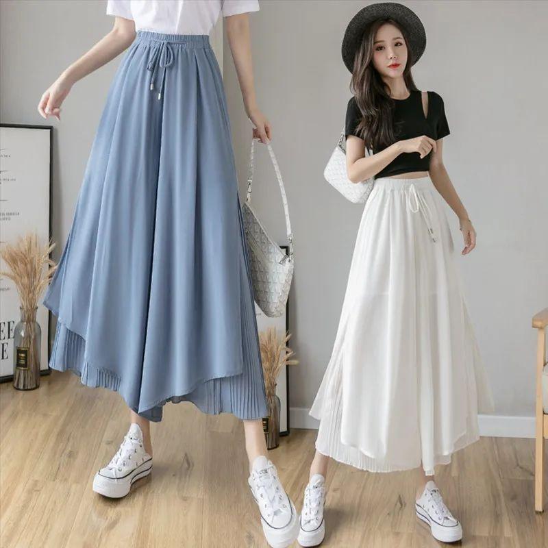 Damen Chiffon Weitbein Hose Koreanische Version Hose Damen Locker Schwarz High Waist Weitbein Hose